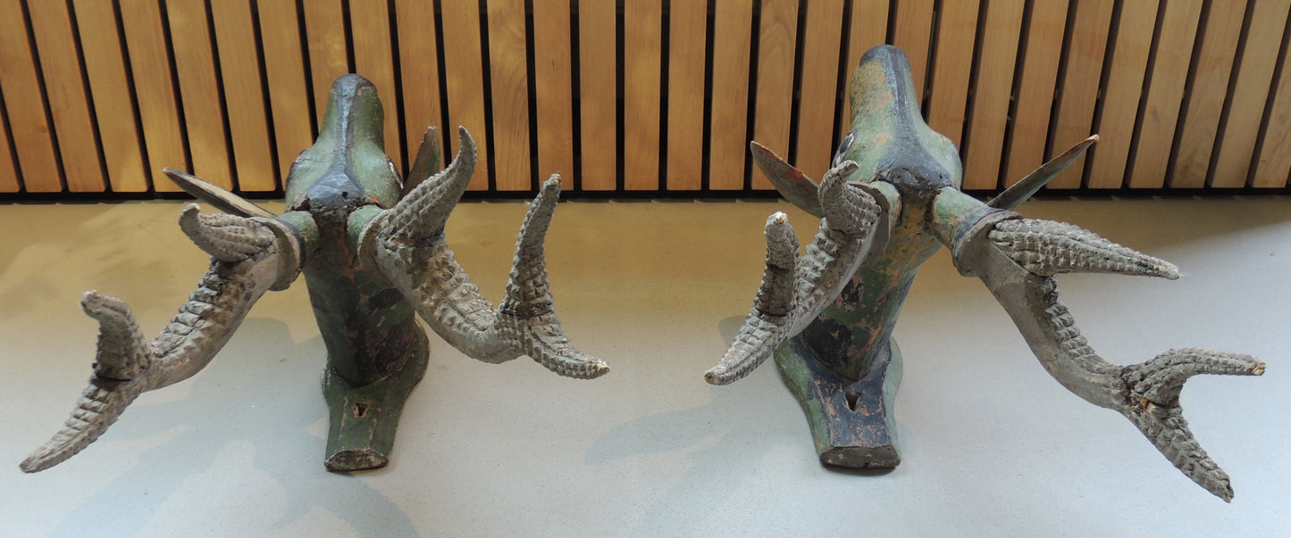 Wood Carved Deer Heads Set of 2
